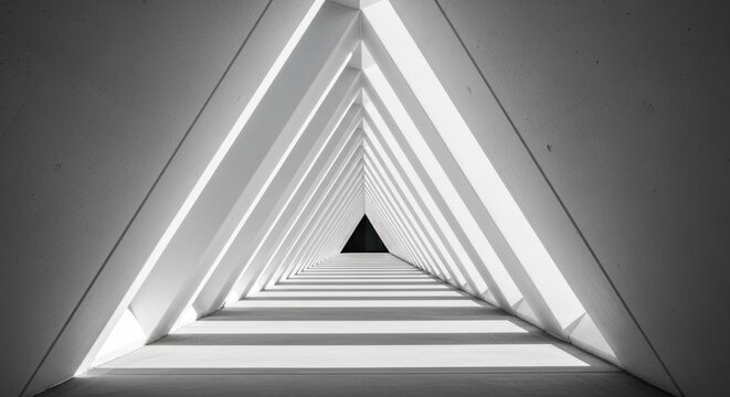 Monochromatic architectural tunnel with strong triangular shapes, light, and shadow play