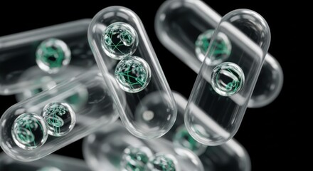 Numerous clear capsules containing intricate green orb-like structures against a dark background