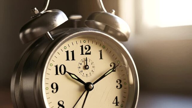 Classic silver alarm clock displaying time with soft morning light in a cozy room setting