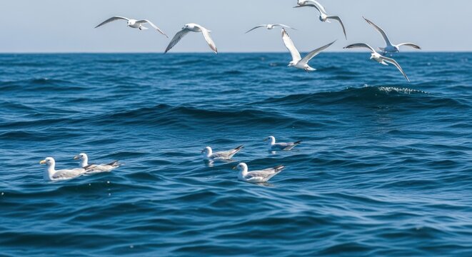Numerous seagulls flying above and floating on wavy deep blue ocean under clear sky - Powered by Adobe