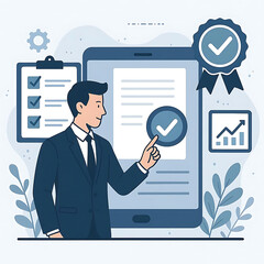 Businessman using digital system to approve and validate documents with quality assurance, checklist and compliance process showing efficiency, performance tracking, and work standardization Vector 