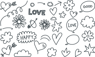 Hand-drawn doodle love and happiness elements collection — hearts, flowers, arrows, clouds, and speech bubbles vector illustration