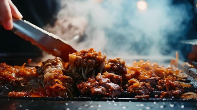 Cooking meat on a grill with sizzling steam