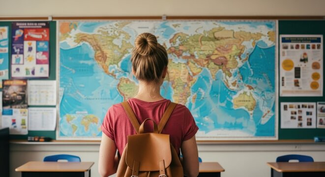 Rear view of student with backpack gazing at large world map in school classroom