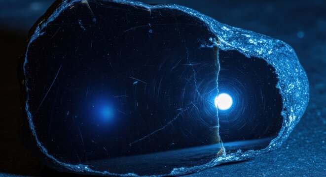 Polished dark mineral fragment displaying two vibrant blue light reflections