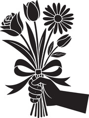 Black silhouette of a hand holding a bouquet of flowers tied with a ribbon rose