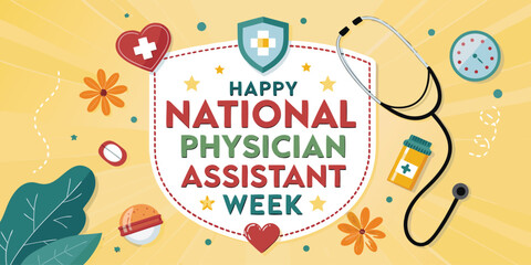 Happy National Physician Assistant Week Banner – Stethoscope and Medical Icons Design Celebrating Healthcare Professionals, Doctors, and PAs Appreciation in October Healthcare Event