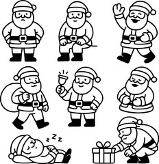 Fototapeta premium Black and white minimalist vector illustration of Santa Claus in various poses like walking, waving, and carrying gifts, clean line art style, scalable design
