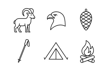 Nature symbols featuring a ram, eagle, pine cone, camping gear, and campfire in a minimalist style