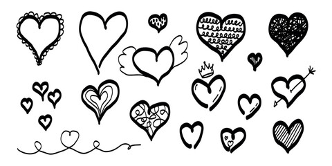 A set of hand-drawn heart doodles in black on a white background. Includes various cute and playful styles with crowns, wings, arrows, swirls, and patterns.