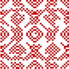 Red and White Pixelated Geometric Pattern with Folk Art Motifs