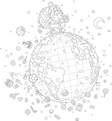 Santa Claus with holiday gifts in his magic bag traveling around the world on a snowy night before Christmas, black and white vector cartoon illustration for a coloring book