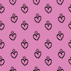 Seamless Hand-Drawn Heart with Crown Pattern