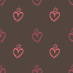 Seamless Crowned Heart Pattern on Brown Background