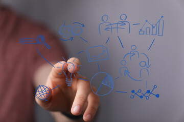 Person's hand interacting with business concept diagram, showing innovation and creative ideas. Ideal for business presentations and technologic