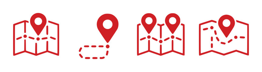 Red Map Icons with Location Pins and Routes