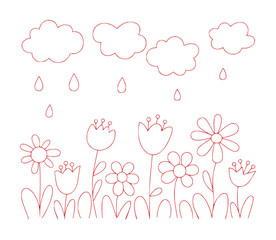 Red Outline of Clouds, Raindrops, and Flowers on White Background