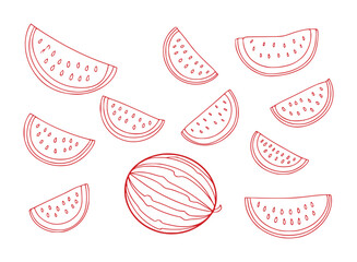 Red Outline Watermelon Slices and Whole Fruit Pattern