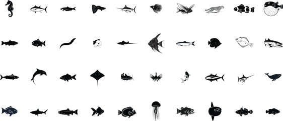 Fototapeta premium Collection of diverse marine life silhouettes including fish seahorse dolphin and jellyfish isolated on transparent background