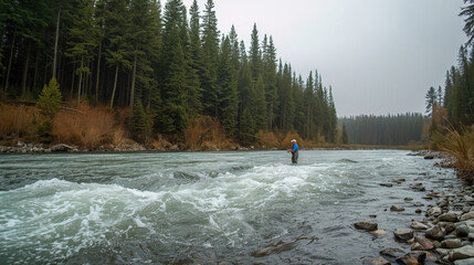 Fisherman catching salmon in a fast-flowing river during migration season.