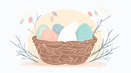 Colorful Easter eggs in a wicker basket surrounded by flowers and leaves