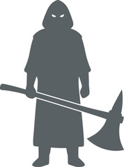 Silhouette of a hooded executioner holding a large axe, ready.