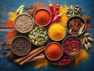 Assorted colorful spices and chilies arranged on a blue wooden surface