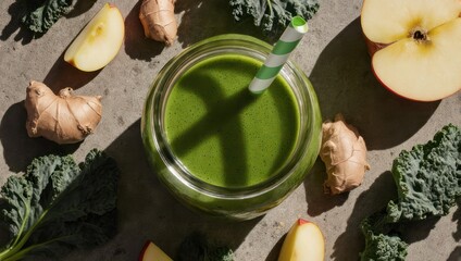 A top-down view of a green smoothie in a jar with fresh ingredients scattered around