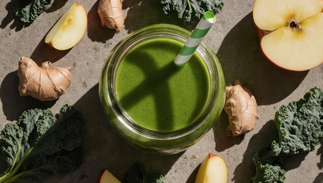 A top-down view of a green smoothie in a jar with fresh ingredients scattered around