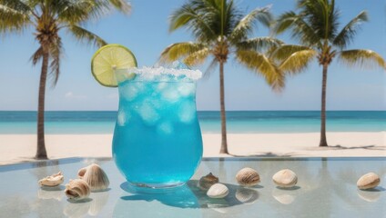 A vibrant blue cocktail sits on a reflective surface, ocean and palm trees in background