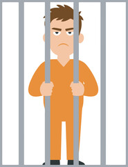 Cartoon man in orange jumpsuit behind bars, looking angry and holding onto the metal bars.