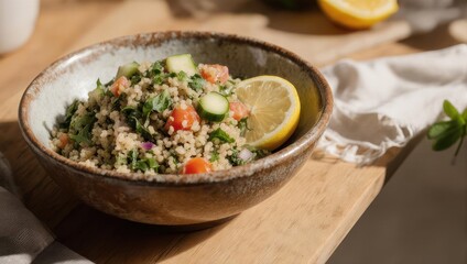 A vibrant bowl of couscous salad with fresh vegetables and a lemon wedge on a wooden surface