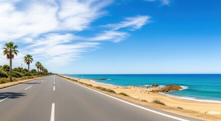 Fototapeta premium Tropical coastal highway stretches along a sandy beach and blue ocean under bright skies