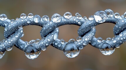 Textured metal chain links covered in numerous glistening, reflective water droplets