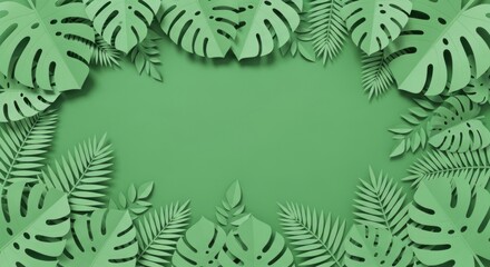 Various papercut green tropical leaves form a lush frame on matching green background