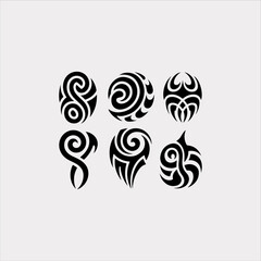 set of 6 tribal tattoo style designs, black filled vector forms on white background