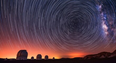 Vast night sky with star trails circling above multiple observatory domes and Milky Way