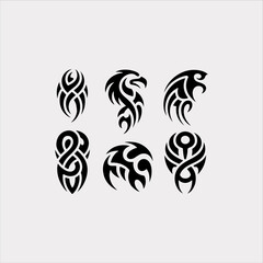 set of 6 tribal tattoo style designs, black filled vector forms on white background