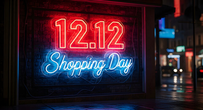 Vivid night city street with illuminated neon 12.12 Shopping Day sign on brick wall, reflecting wet pavement, evoking festive urban atmosphere and promoting major December sales event