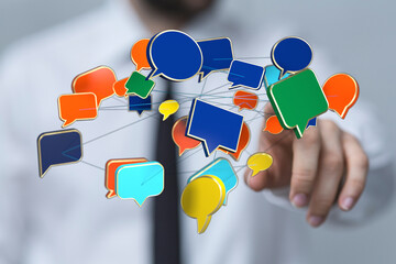 Concept of communications network with speech bubbles, symbolizing dialogue and connection in...