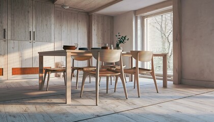 Wooden dining room interior sunlight