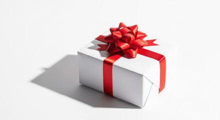 White gift box with a bright red ribbon and bow, casting a shadow on a white surface