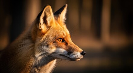 Wild fox in profile, brilliant orange fur glowing in golden sunlight against a blurred forest