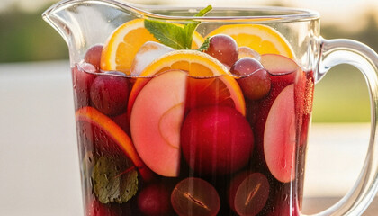 Close-up of fruit-filled sangria pitcher, vibrant colorful drink, refreshing summer beverage with copy space