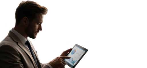 A man in a suit holding a tablet displaying a dashboard with graphs, against transparent background