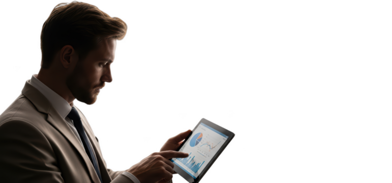 A man in a suit holding a tablet displaying a dashboard with graphs, against transparent background