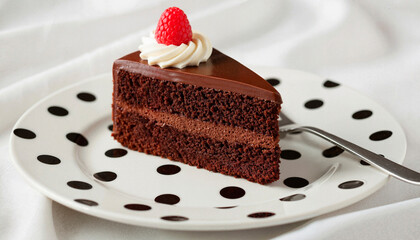 Slice of chocolate cake with white cream and raspberry decoration on white plate with black polka dots
