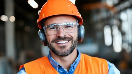 Smiling worker in safety gear at construction site