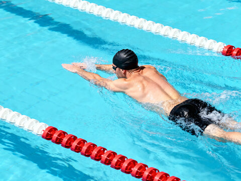 competitive swimmer training breaststroke in lane of outdoor pool
- Powered by Adobe