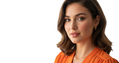 A close-up portrait of a woman with light skin and long, wavy brown hair, wearing an orange blouse, against transparent background